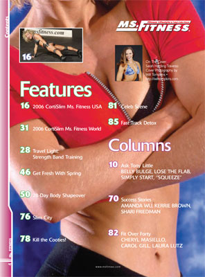 Travel Light with Strength Band Training by Phil Page and Todd Ellenbecker, Get Fresh With Spring Workouts by Linda Cusmano, 28-Day Body Shapeover by Brad Schoenfeld, Slim City is an initiative to fight obesity, Kill the Cooties! The Hypochondriac's Guide to Staying Healthy, Celeb Scenery as seen in Snowmass Colorado, No Diet Without Detox, Tony Little tells us how about Belly Bulge - Lose the Flab _ Simply Start an Exercise Program ' Squeeze, Success Stories on Amanda Wu - Kerrie Brown and Shari Friedman, Fit Over Forty interviews Cheryl Masiello - Carol Gill and Laura Lutz